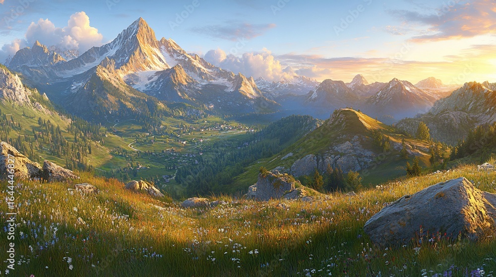 Fototapeta premium Mountain valley at sunset. Lush landscape with wildflowers, peaks, and village nestled in valley