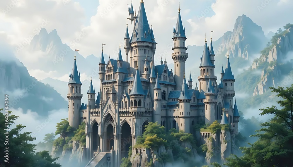 Majestic fairytale castle with spires, towers, and mountain backdrop Majestic fairytale castle with spires, towers, and mountain backdrop