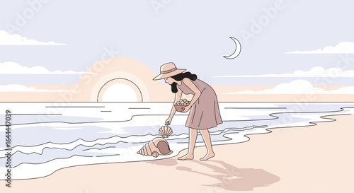 Woman enjoying a peaceful evening walk collecting shells along a serene beachside landscape with pastel sky and ocean waves