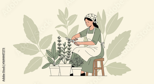 Woman Gardening At Home Pruning Plants With Scissors On Her Balcony