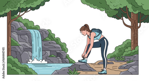 Woman hiker tying shoelaces near a beautiful waterfall in a lush green forest landscape illustration