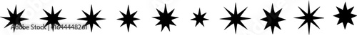 A horizontal row of nine black, graphic starburst or asterisk symbols on a white background.