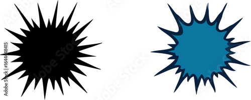 A set of two graphic starburst explosion icons, one a black silhouette and the other a blue cartoon burst with a black outline.