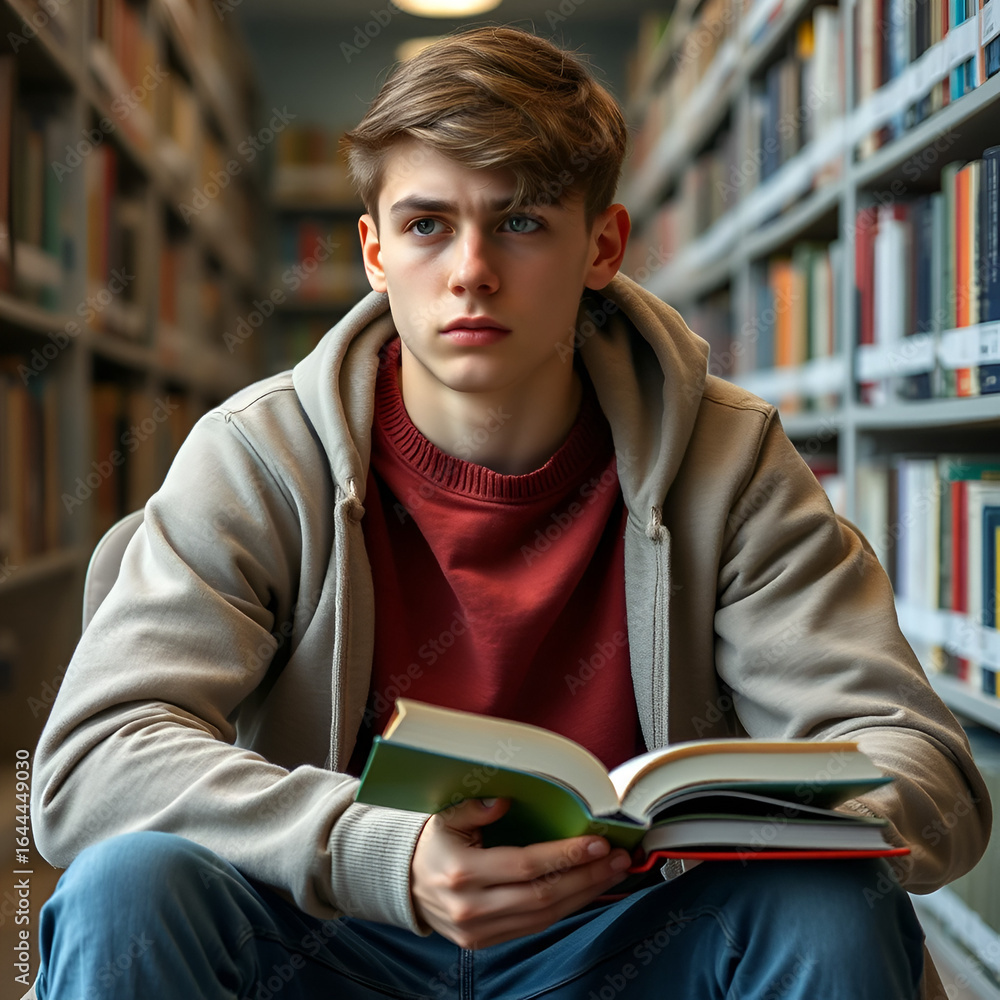 © Michael - Thoughtful sad Caucasian high school teenager sitting with book in library, difficulty in preparing homework, unwillingness to study, copy space