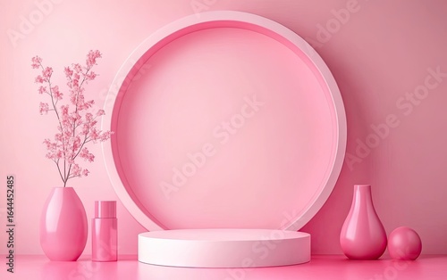Pink Minimalist Stage Display Featuring Podium Circle And Vases Against Pastel Pink Background