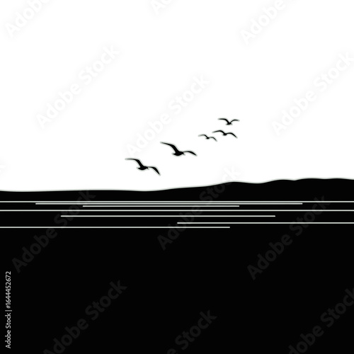 A minimalist black and white graphic of birds flying over a stylized sea and coastline.