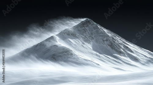 Snowy mountain peak with blowing snow against a dark sky.