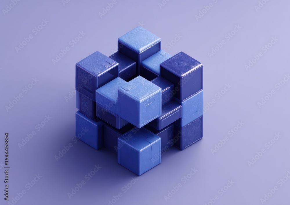 Abstract 3D puzzle of interlocking cubes in shades of blue Abstract 3D puzzle of interlocking cubes in shades of blue