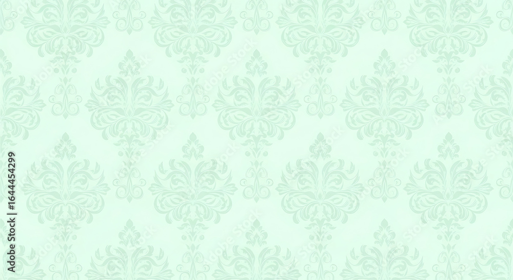 Elegant seamless damask pattern with ornate floral motifs in a pale mint green color.