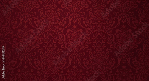 Classic red damask wallpaper with an ornate seamless floral and swirl pattern.