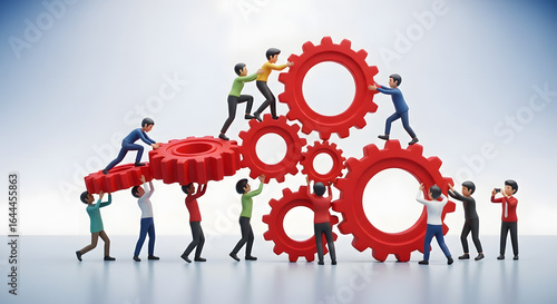 Teamwork Synergy: A collaborative image showcasing miniature figures harmoniously assembling cogs, symbolizing unity, collaboration, and the power of working together to achieve common goals.