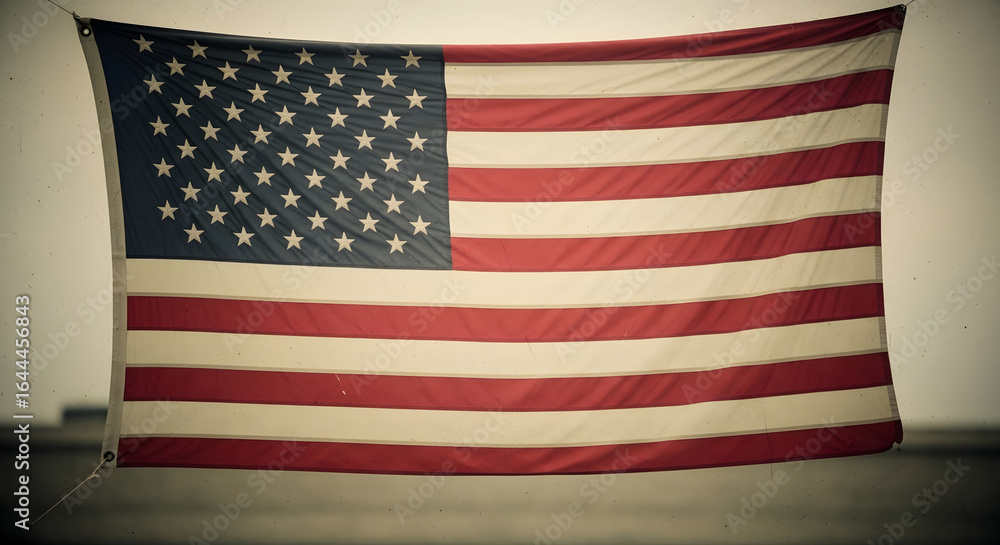 Fototapeta premium American Flag: A close-up, slightly faded shot of the American flag, symbolizing the nation's enduring spirit. This photo shows patriotism and history through its iconic design. 