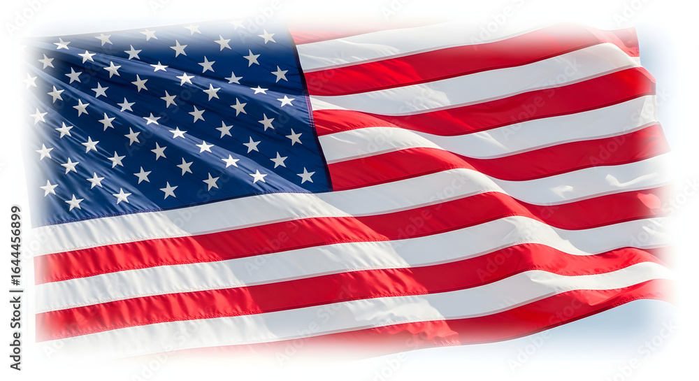 Obraz premium Waving American Flag: A close-up shot of the American flag, billowing proudly in the wind with its iconic stars and stripes, representing freedom and unity.