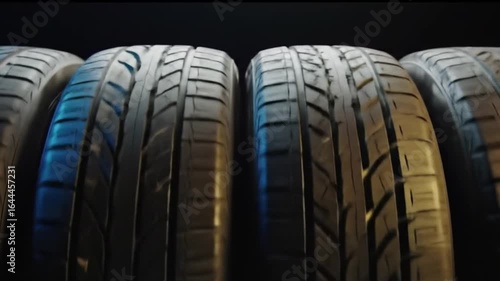 Close up of several tires with blue and yellow lighting against a dark background