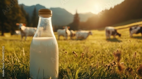 A glass bottle of milk in a grassy field with cows and mountains in the background.
