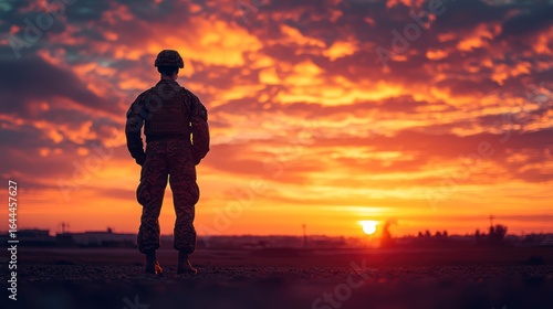 Silhouette of a soldier at sunset, contemplating the horizon.