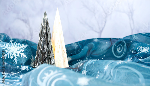 Decorative Conifer Trees Surrounded by Soft Blue Fabric and Snowflakes in a Winter Scene