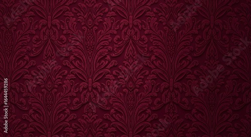 Luxurious dark red damask wallpaper with a vintage embossed ornamental pattern.