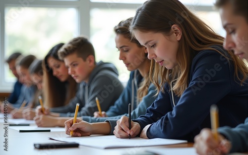 Young group of high school students studying in classroom. High quality