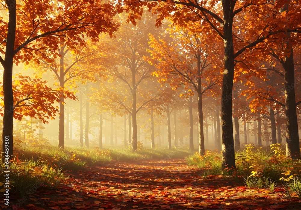 Fototapeta premium A scenic pathway in an autumn forest, with golden leaves on the trees and a misty atmosphere. The pathway guides the viewer's eye through the vibrant, warm colors of the season
