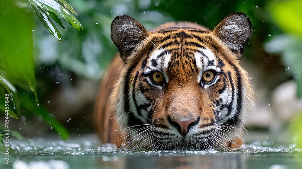 Obraz premium Majestic Tiger Prowls Through Tranquil Water in Dense Jungle Landscape During a Serene Afternoon