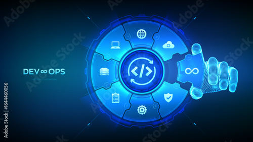 Devops. Software development practices methodology. Agile development optimization concept. Software engineering. Hand places an element into a composition visualizing Devops. Vector illustration.