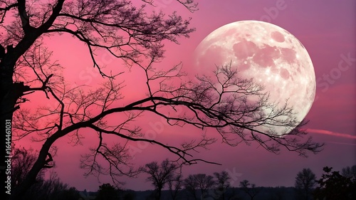Pale pink moon vibrant pink sky bare tree branches
