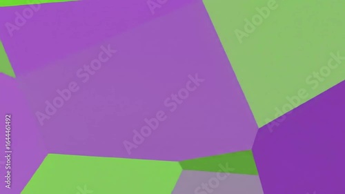 Flat, angular shapes in shades of purple and green create a geometric abstract design.