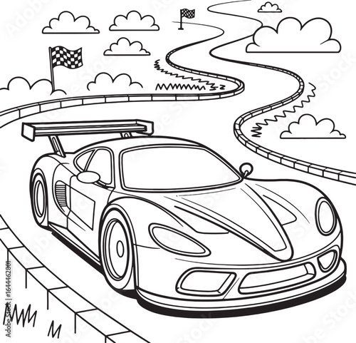 Black and white illustration of a sports car on a race track with checkered flags and clouds racing