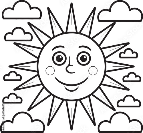 Cheerful cartoon sun with smiling face surrounded by fluffy clouds for coloring happy