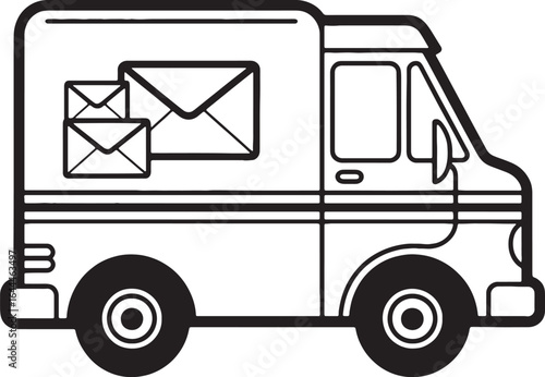 Outline drawing of a mail truck with envelopes on a white background vehicle transportation