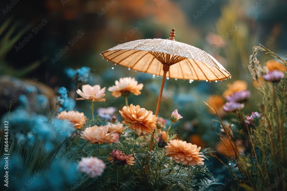 Fototapeta premium A Beautiful Scene of Colorful Flowers Beneath a Classic Umbrella Decorated with Raindrops in a Lush Garden Setting During the Golden Hour of Twilight