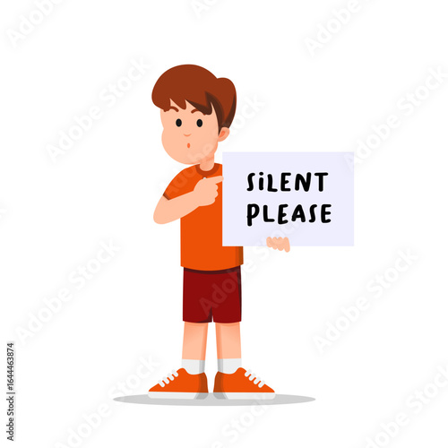 cute little boy pointing at a sign telling silence