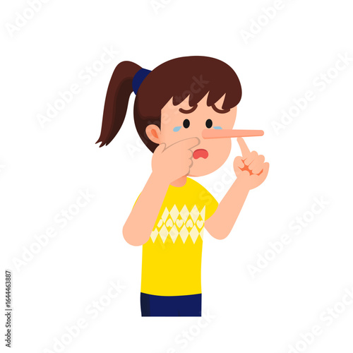 A little girl is crying while pointing at her elongated nose as a sign that she has lied