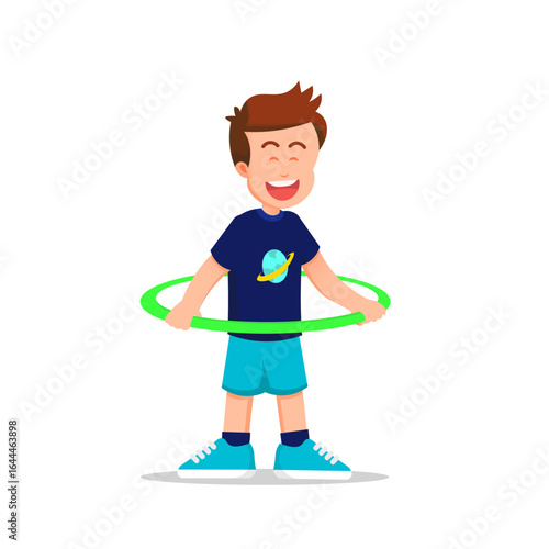 A smiling cute boy holding a hula hoop around his waist, enjoying playful moment