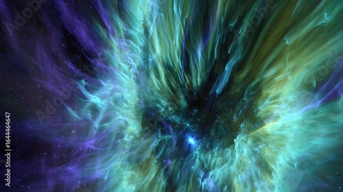 A painterly solar corona explosion sending rippling curtainsof aurora energy toward a tiny blue planet