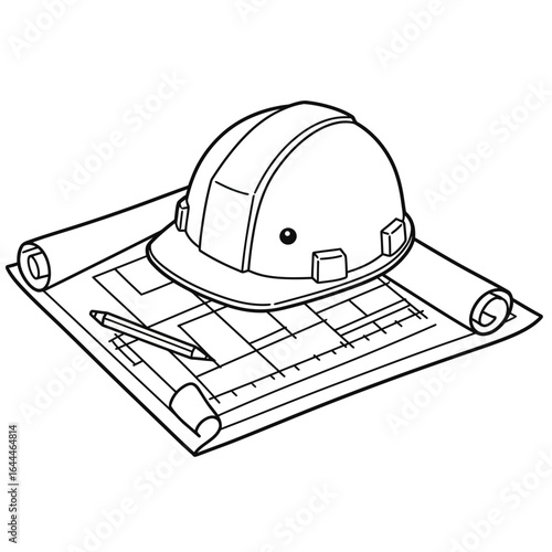 Coloring Book Safety Helmet and Architectural Plans Illustration.