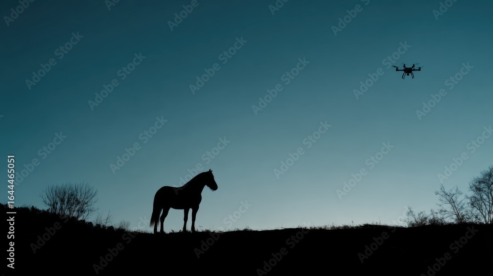 Fototapeta premium Silhouette of Horse at Dusk with Drone Above in Blue Sky