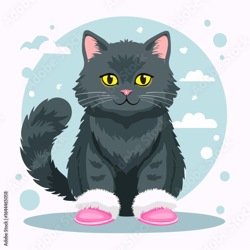  fluffy black cat with green eyes wearing oversized light gray paw slippers with hot pink pads and white fur trim svg vector illustration