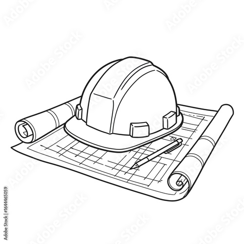 Coloring Book Construction Blueprint with Hard Hat and Pen Black and White.