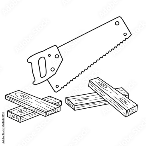 Coloring Book Hand Saw and Wood Planks: Black and White Line Art Illustration.