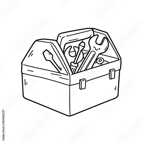 Coloring Book Open Toolbox with Various Tools Black and White Cartoon Style.