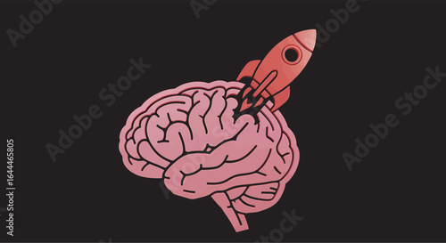 Brain launching rocket ship into space representing innovative thinking and creative ideas for business success and personal growth, conveying a sense of ambition and progress.