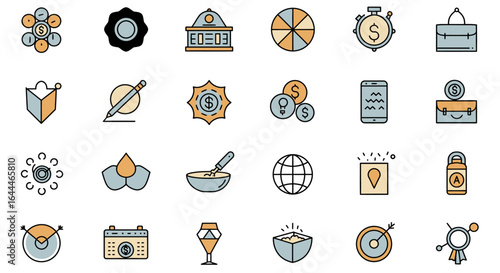 Flat line business and finance icon set in pastel colors, ideal for web, apps, infographics, and presentations, featuring money, banking, marketing, and productivity concepts