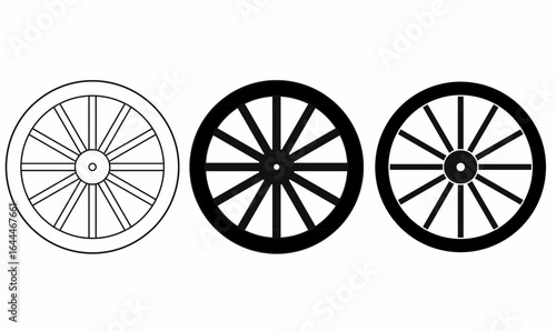 Set of vector illistration wagon wheel icons showing outline, silhouette,solid, and minimal spoke designs, ideal for transport, history, mechanical, vintage, and symbol use in graphics.