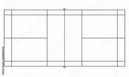 Minimalist vector illustration of a badminton court layout, showing boundary lines, center net, service areas, and sidelines, ideal for sports rules, training, and diagram use.