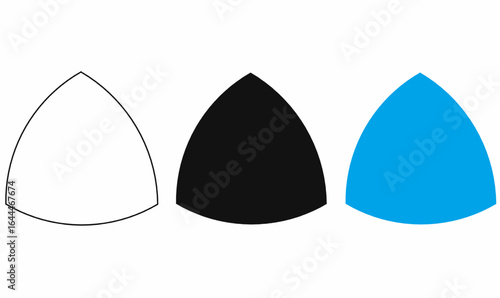 Minimalist Reuleaux triangle icon set with outline, silhouette,solid black, and flat blue styles, ideal for logos, symbols,elements, and geometric microstock designs.