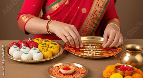 Preparing for Raksha Bandhan A Woman Arranges Rakhis and Sweets on a Golden Plate, Symbolizing the Love and Protection Between Siblings in a Traditional Setting