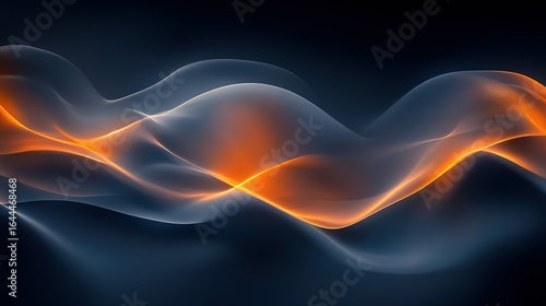 Abstract flowing waves of orange and blue light against a dark background.