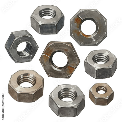 Watercolor Illustration of Various Hexagonal Metal Nuts